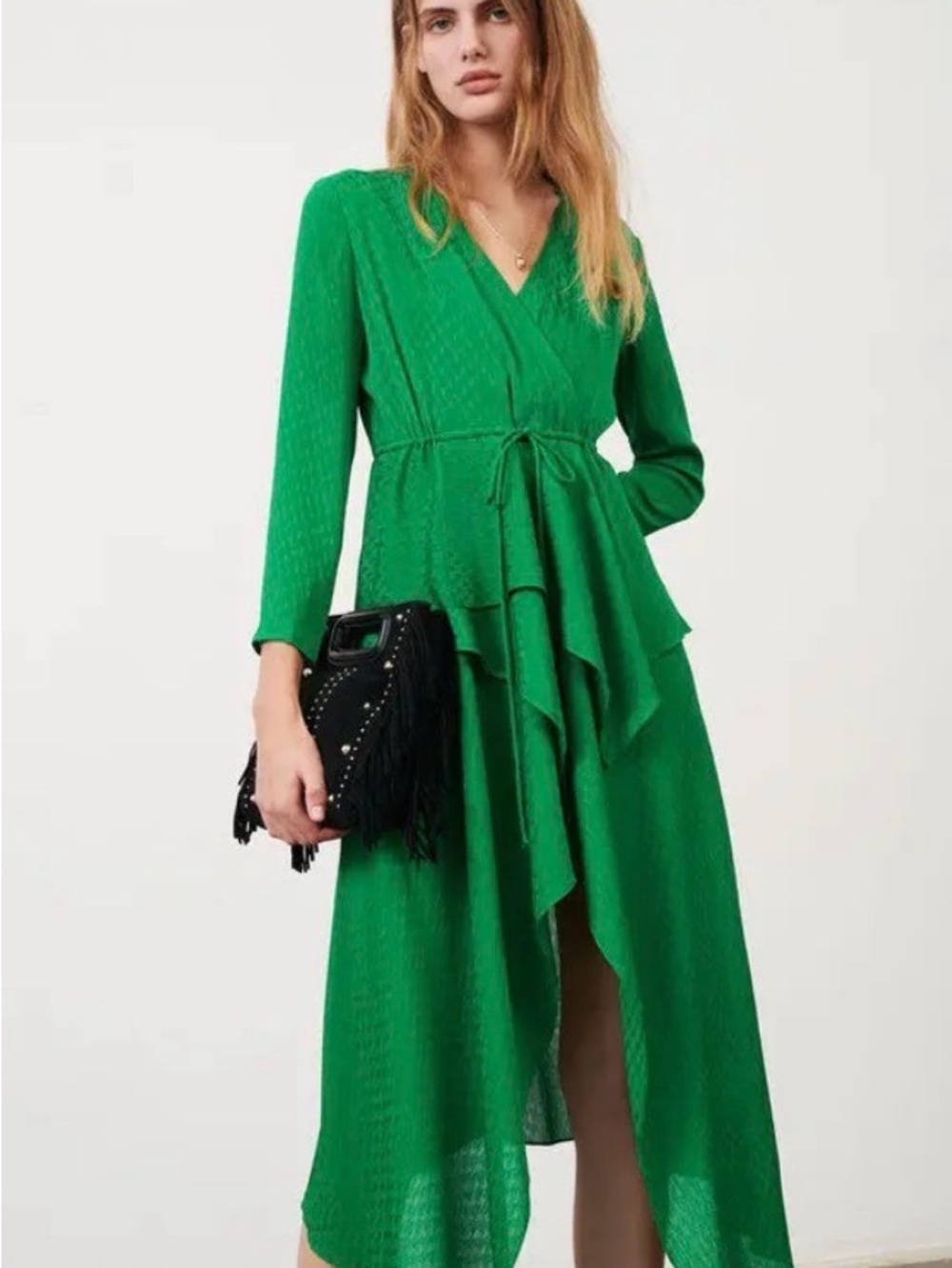 Maje Rosalieke Green V-Neck High-Low Wrap Dress - Picture 2 of 8